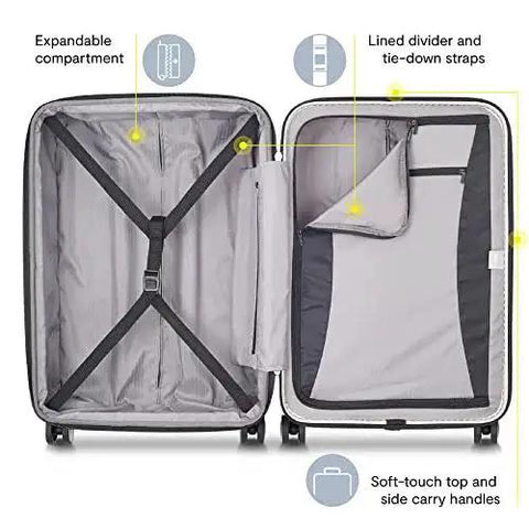 Interior view of Lightweight Titanium Hardside Expandable Spinner Luggage With Scratch Resistant Matte Finish, open compartments and straps