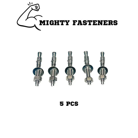 Wedge Anchors Heavy Duty 304 Stainless Steel Expansion Bolts For Concrete And Masonry Corrosion Resistant Durable Construction Three Eighths Inch By Three Inch Size Five Pack Ideal For Structural Mounts And Heavy Equipment Secure Anchoring, shown front view.