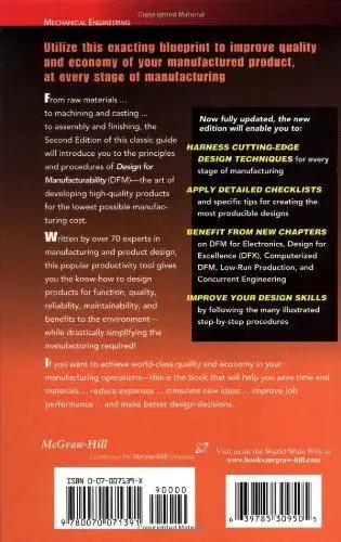 Back cover of 'Design For Manufacturability Handbook A Practical Guide To Cutting Manufacturing Costs Boosting Product Quality And Gear Up Production For Engineers Designers And Development Teams In Real World Projects', featuring text and barcode.