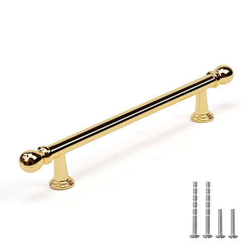 10 Pack Polished Brass Cabinet Pulls 5 Inch Hole Center 128mm Solid Zinc Alloy Handles, sleek handle and screws visible.