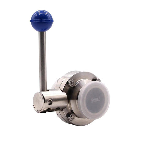 Sanitary butterfly valve with pull handle, stainless steel 304, tri-clamp connection, 1.5 in tube OD, blue knob.