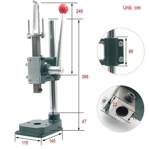 Handheld Leather Hole Punch And Stamping Press with adjustable chuck and press plate, shown with dimensions for DIY crafting use.