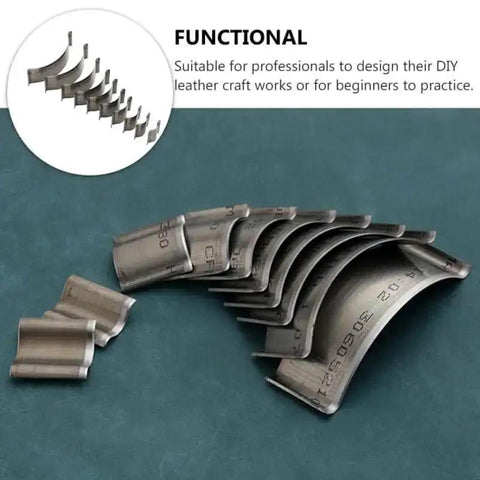 Set of metal dies from Leather Corner Punch And Round Cutter Kit For Belts And Watch Straps, DIY-friendly tool set on a table.