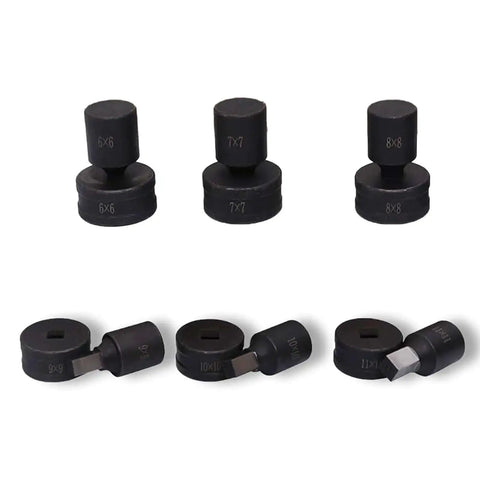 Square Die Punching Set For CH-70 Machine, Hydraulic Die Kit With Upper And Lower Dies, shown with multiple die sizes for metalwork