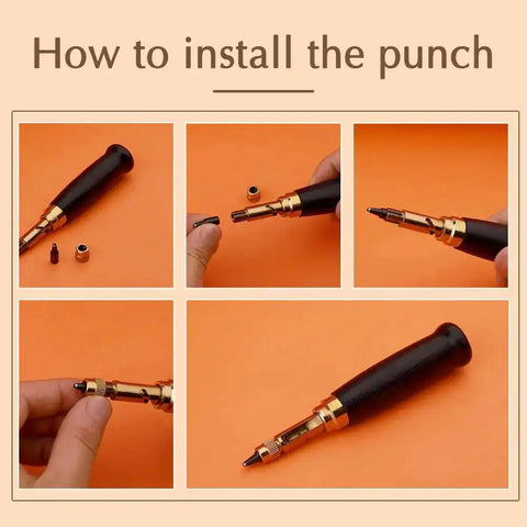 Installation guide for Adjustable Screw Hole Punch Tool With Black Wooden Handle, showcasing interchangeable punch tips and assembly.