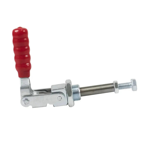 Side view of 20 Piece Pneumatic Hold Down Clamps Set for fixture testing with red handle and elbow clamp mechanism.