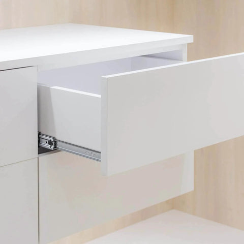 Open white drawer showing 22-inch soft-close drawer slides with metal ball bearing, highlighting side mount design in cabinet setup.