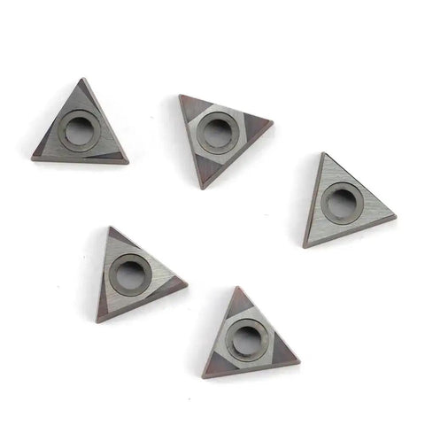 Five Pro Grade Carbide Turning Inserts For Lathe TCMT16T304 60 Degree Diamond, showing 16.5mm cut length and 9.525mm hole.