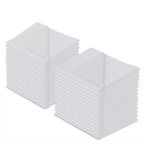 30 Pack Lint Free Microfiber Cleaning Cloths for Glasses Lenses and Screens in white, stacked neatly for display.