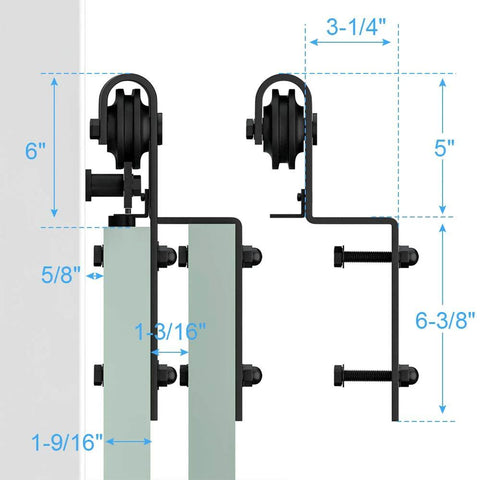 Side view of Bypass Barn Door Hardware Kit With Heavy Duty Roller Anti Jumper Floor Guide Stopper And Accessories Easy Install Quiet Operation J Shape Offset Style Track System For Doors Up To 200 Lbs with dimensions