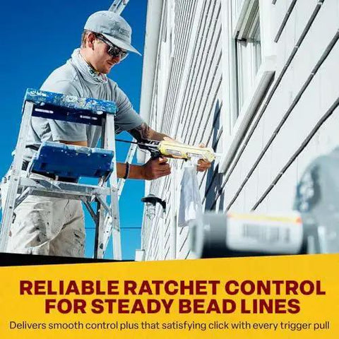Contractor using Contractor Grade Caulk Gun With 29 Oz Cartridge Capacity And Dripless Design For Minimal Mess on house siding