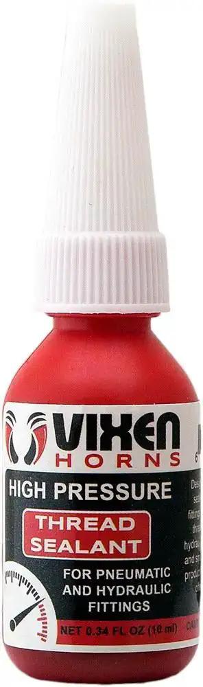 High pressure thread sealant bottle for pneumatic and hydraulic fittings, red with white nozzle, 10ml capacity.