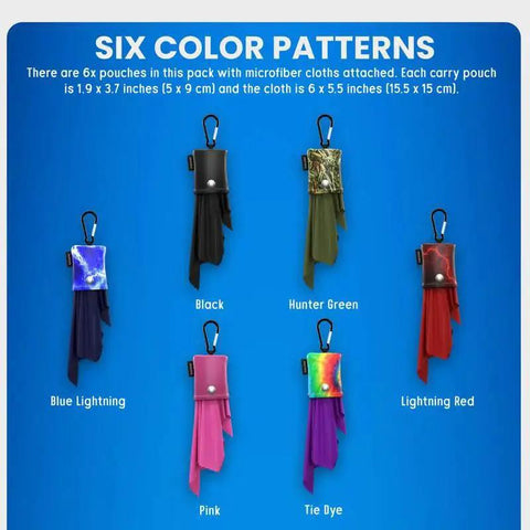 Six Pack Microfiber Glasses Cloths With Pouches For Lenses And Delicate Screens in six colors: black, hunter green, blue, red, pink, tie dye