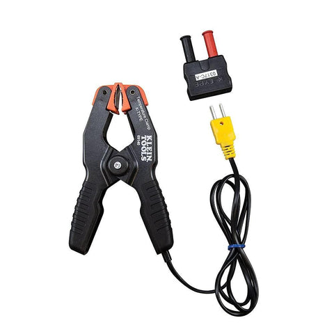 Klein Tools 69140 K-Type thermometer clamp for HVAC, black clamp with orange jaws, yellow plug.
