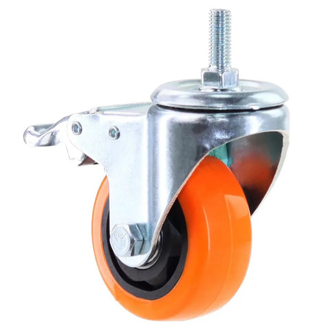 M10 Threaded Stem Caster Wheels Set 1.5x25mm Dual Locking No Noise PVC Casters For Workbench Dolly And Furniture 3 Inch Orange