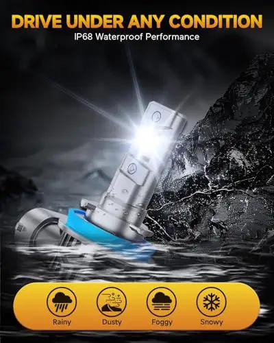 Ultra Bright H11 H9 H8 LED Headlight Bulbs Pack Of 2 showcased in a waterproof environment with bright illumination.