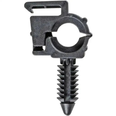 Close-up of a single black clip from 40 Piece Wire Loom Routing Clip Retainer Kit For One Quarter To Three Quarter Inch Wire Looms.