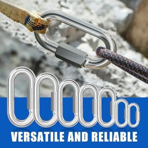 15 Piece M6 One Quarter Inch Quick Link Chain Connectors Made From 304 Stainless Steel Screw Carabiners in use with rope outdoors