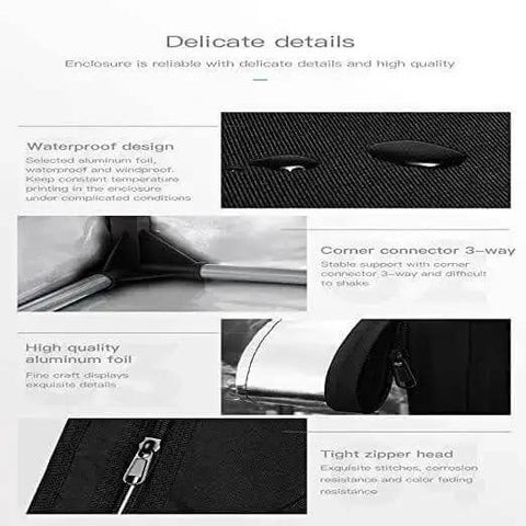 Details of fireproof and dustproof 3D printer enclosure with constant temperature control, highlighting waterproof design and tight zippers.