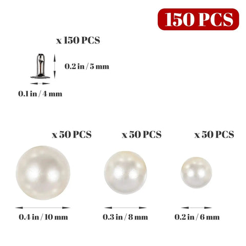 Pearl Rivet Set 150 Pcs Faux Pearl Studs For Hats Shoes Clothes Bags Veil in different sizes with metal studs