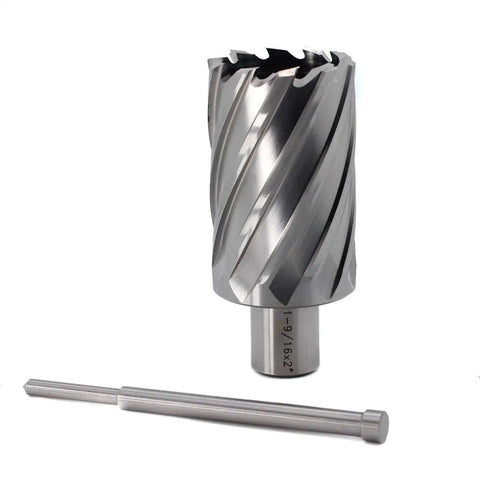 Beefy Annular Cutter For Magnetic Drill Press One Nine Sixteenth Inch Cutting Diameter And Two Inch Depth With Three Quarters Inch Weldon Shank Two Flat Pilot Pin Included Delivers Holes Ten Times Faster