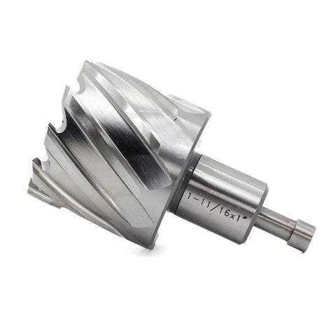 Annular Cutter One And Eleven Sixteenths Inch Diameter With One Inch Cutting Depth For Magnetic Drill Press Three Quarter Inch Weldon Shank With Two Flats Pilot Pin Included Dual Teeth Thin Wall Design For Faster Holes Oscarbide