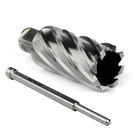 Annular Cutter One And A Quarter By Two Inch Cutting Diameter, Two Inch Depth, Three Quarters Inch Weldon Shank With Two Flats, Pilot Pin, Magnetic Drill Bit For Magnetic Drill Press, Delivers Holes Up To Ten Times Faster Than Standard Bits next to a pilot pin