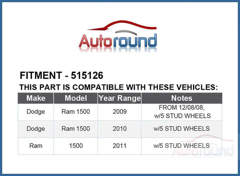 Compatibility chart for Beefed-Up Front Wheel Bearing Hub Assembly 515126 for Dodge Ram 1500 2009 2010 2011 with 5 stud wheels.