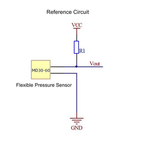 Flexible force sensitive resistor MD30-60 (0-50 kg) in a reference circuit with Vcc, R1, and GND.