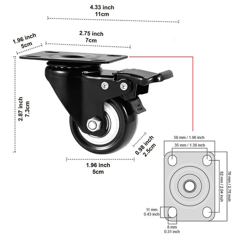 2" Caster Wheels Set of 4, Heavy Duty with Brake - Locking Polyurethane (PU) No Noise Swivel Plate Casters, Pack of 4 - Canadian Ball Bearing Supplier.