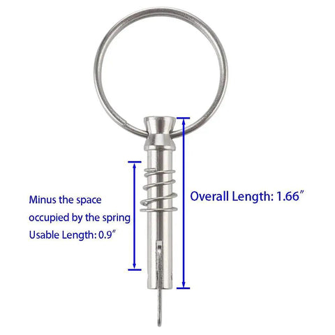 Front view of Four Pack Quick Release Pins for Bimini Tops and Boat Covers with drop cam and spring, 1/4 inch diameter, stainless steel.