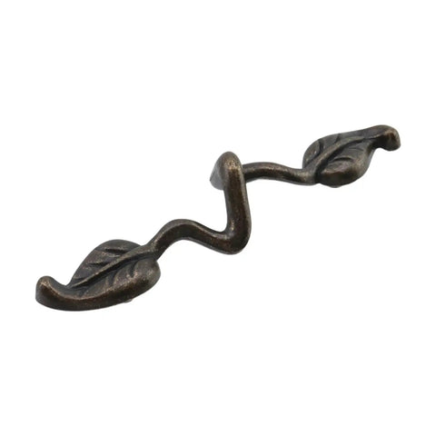Bronze leaf shape drawer pull handle, 3-inch hole to hole, twig branch design in zinc alloy, part of set for cabinets and dressers.
