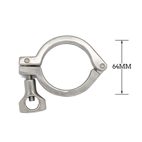 Stainless steel sanitary clamp with single pin, tri-clamp style, 64mm diameter