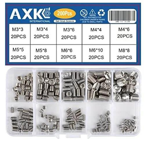 Grub Screw Set M3 To M8 Hex Socket Head Cap Screws Kit alloy steel 200 pieces in storage box with size labels visible