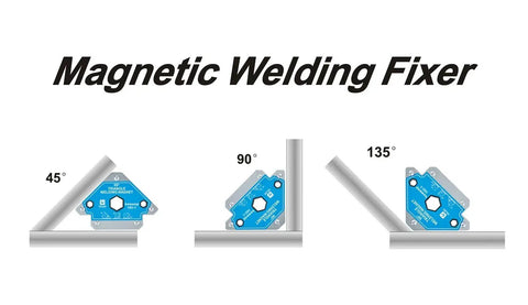 Diagram showing 110 Lbs Welding Magnets Clamp Set 4 Piece Magnetic Welding Holders at 45, 90, 135 degrees for hands-free welding.