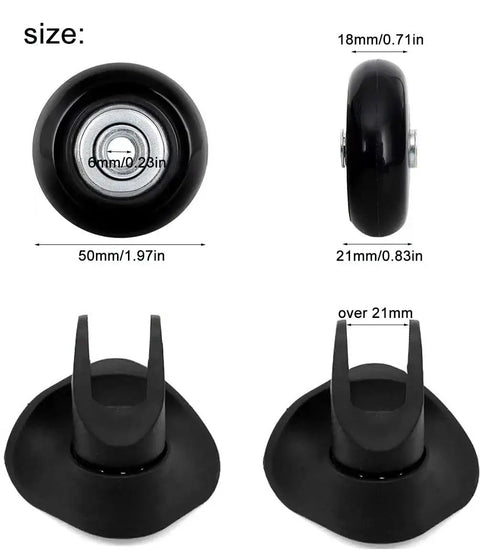 50mm Luggage Replacement Wheels Set Of 4 For Suitcases, Silent PU Swivel Caster Wheels With 30mm And 35mm Axles, size chart view