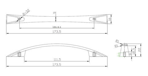Technical diagram of Silverthorn Collection Antique Nickel Modern Arched Cabinet And Drawer Pull Handle, 128mm center spacing