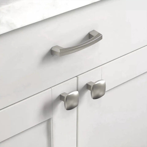 Brushed Satin Nickel Cabinet Knobs 10 Pack Square Design Zinc Hardware for Kitchen Cabinets Dressers and Drawers installed on white cabinet