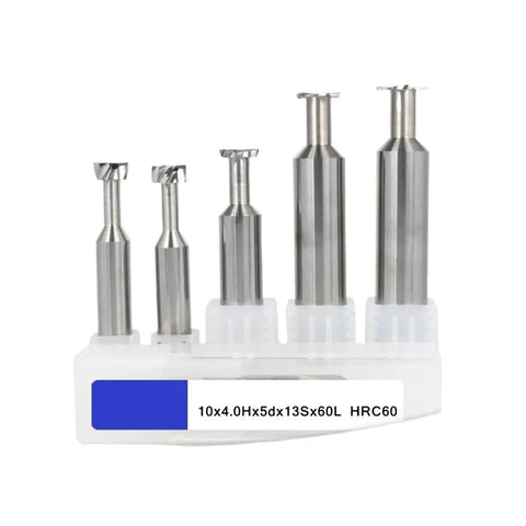 Set of five metal milling cutters displayed upright, labeled 10x4.0Hx5dx13Sx60L HRC60, suitable for precise machining tasks.