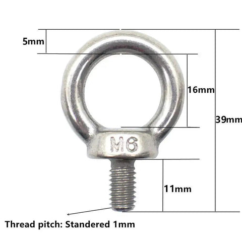 Five Piece M6 Eye Bolts Set, Stainless Steel 304 Ring Eye Bolts With Shoulder Lifting, 16 mm Ring Inner Diameter, diagram view