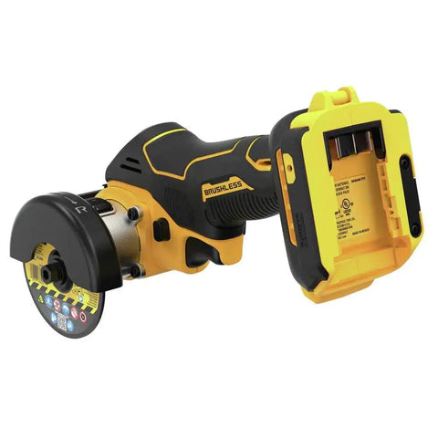 20V Max XR Brushless Cut Off Tool From DEWALT, Compact Bare Tool DCS438B, showing side view with diamond multi material wheel