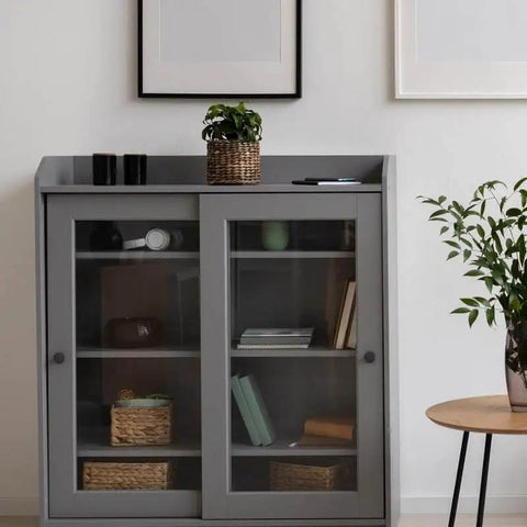 Gray cabinet with glass doors and shelves in a minimalist modern room setup.
