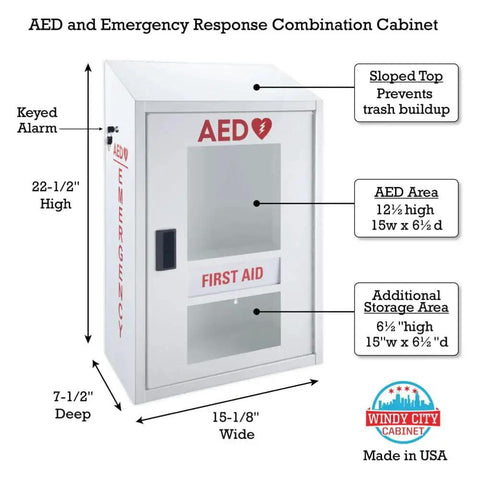 Heavy Duty AED Cabinet With Alarm And Dual Storage For First Aid Kit, wall-mounted steel locker with visible signage and quick access.