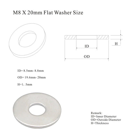 M8 flat washer, 304 stainless steel; outer diameter 20mm, inner diameter 8.5–8.8mm, thickness 1.5mm