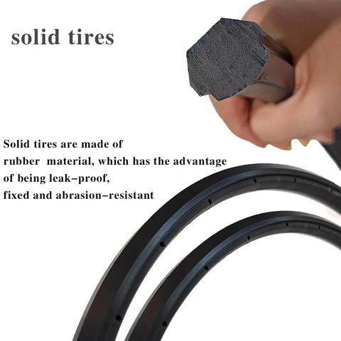 Close-up of solid rubber tire with hand holding cross-section, labeled as leak-proof and abrasion-resistant for wheelchairs.