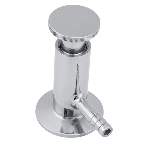 1pc quick-release stainless sanitary sampling valve with knurled cap and angled hose barb outlet, OD 50.5mm.