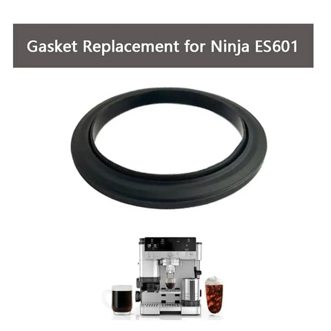 Black silicone gasket for Ninja ES601 coffee maker displayed with machine. 2 Pack Silicone Group Head Seals for Espresso Machines, Replacement Gasket Kit Compatible With ES601 ES701 Models, Durable Heat-Resistant Black, Compatible With Ninja ES601 And ES701 Coffee Makers