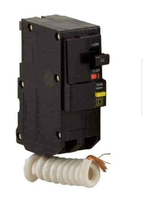 QO250GFIC 50 Amp 120/240V Miniature Circuit Breaker shown in single view with black casing and terminals.