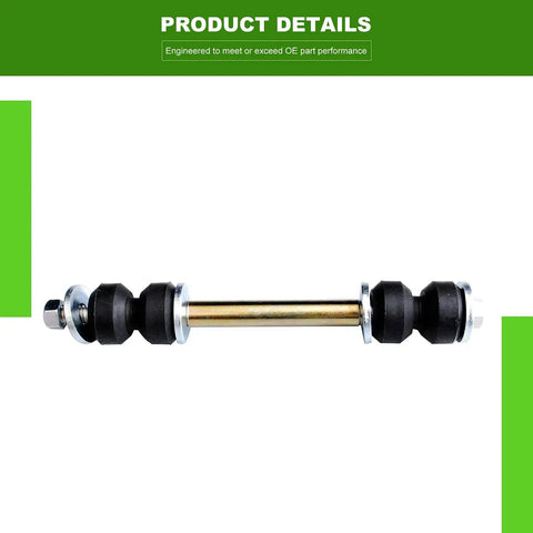 Side view of a front suspension sway bar link with a brass-colored shaft, black rubber bushings, and metal end mounts.