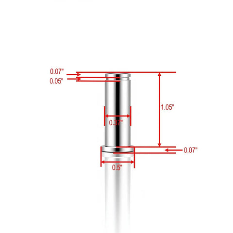 Close-up view of chrome clevis pin with measurements for Replacement Motorcycle Footpeg Mount Pins Kit With E Clips And Washers.